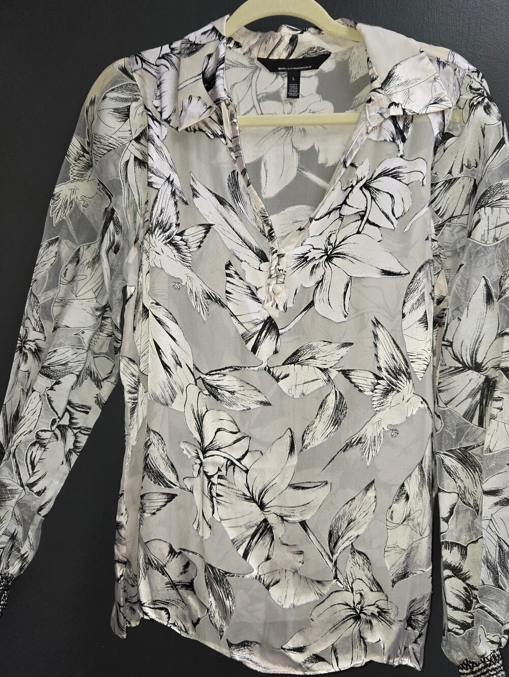 White House Black Market Black & White Floral Sheer Button-Detail Blouse